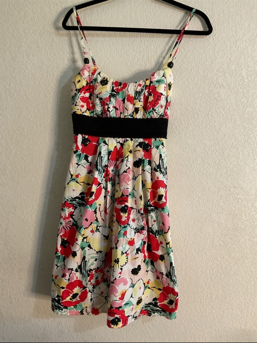 LOVE TEASE VINTAGE Y2K BLACK LACE EMPIRE WAIST,VIBRANT, FLORAL DRESS,PARTY EUC